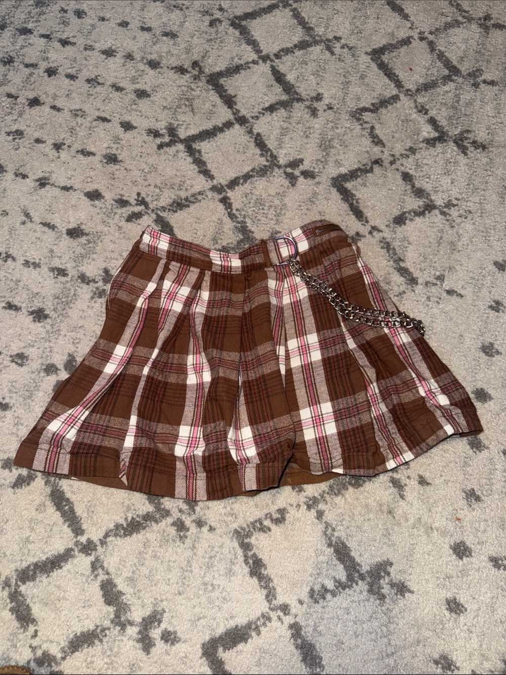 Forever 21 Brown Plaid Skater Mini Skirt with Pink Stripe & Chain